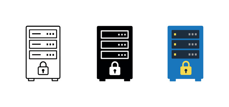 Secure Server Racks. Within cybersecurity infrastructure context identical server rack with lock icons appear arranged left to