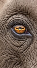 Fototapeta premium Artistic close-up of an elephant's eye featuring a clear, vivid reflection of a lone acacia tree on the savanna at sunset within the iris.