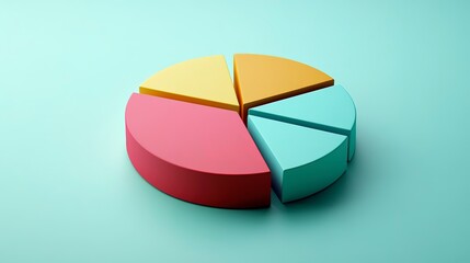 Obraz premium A colorful pie chart showcases four distinct segments in pink, orange, yellow, and turquoise, beautifully contrasting against a soft teal background, inviting viewer engagement