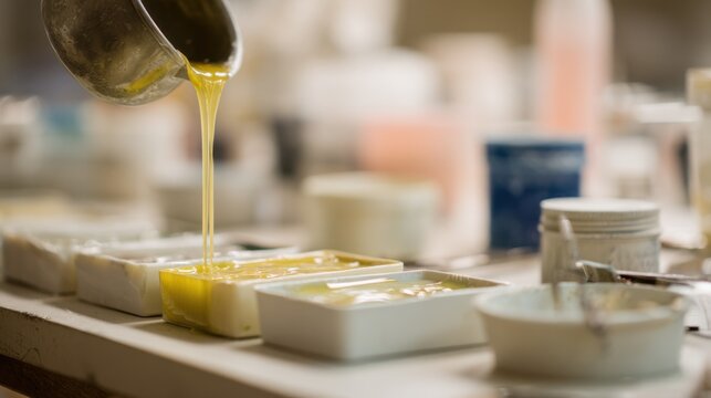 Pouring yellow dental stone into impression trays on a workspace table with surrounding tools and plaster containers softly out of focus.