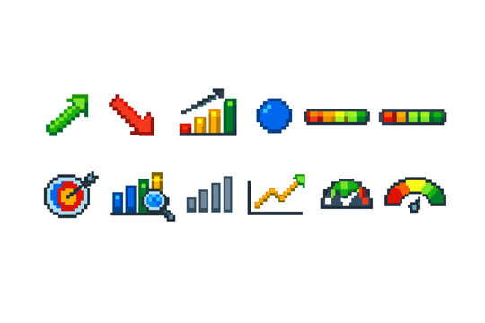 Pixel art icons representing business growth, analytics, and performance metrics