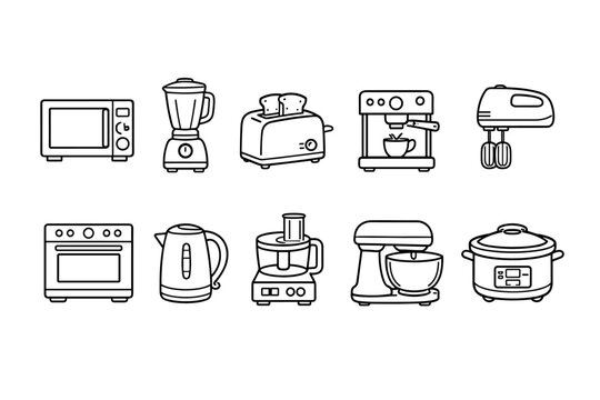 Collection of kitchen appliance icons in a clean, modern line art style
