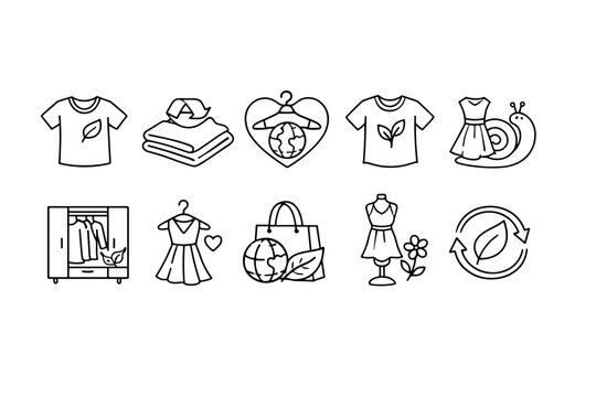 Sustainable fashion icons collection with eco-friendly clothing and recycling symbols