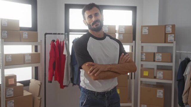 Man with arms crossed and slight smile holding a shipping box beside metal shelving and hanging hoodies in a building; confidence entrepreneurship.