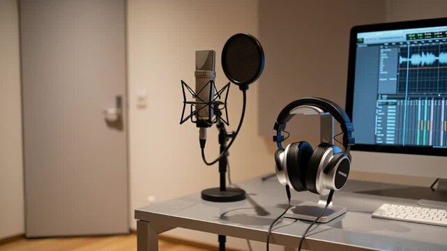 recording studio setup with microphone and headphones on desk