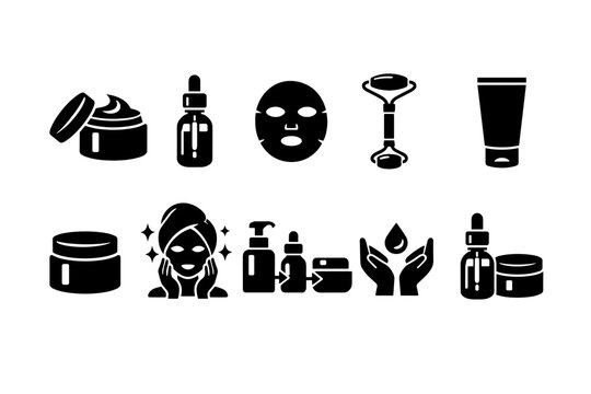 Collection of skincare icons representing beauty treatments and cosmetic products