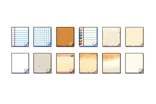 Collection of pixel art paper textures and notes with different rulings and backgrounds