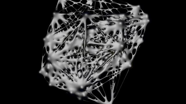 Looping animation. Plexus. An abstract three-dimensional network dynamically transforms, mimicking complex connections of neurons or data nodes. The weaves flow smoothly, vibrate and break, creating t