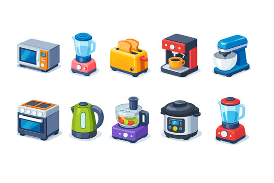 Collection of colorful isometric kitchen appliances on a white background