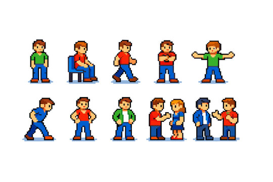 Collection of pixel art characters in various poses and interactions