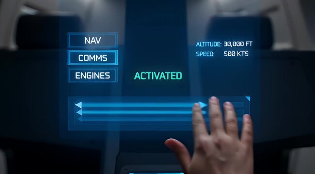 Futuristic aircraft or spacecraft control panel with altitude, speed, and activation status