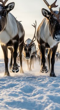 A low-angle, front-facing view of a reindeer herd running across a snowy tundra. Focus is on the powerful legs and hooves of the lead animals, kicking up snow dust against a bright, hazy sky