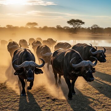 Close-up square shot of a Cape buffalo herd running towards the camera in a cloud of golden dust
