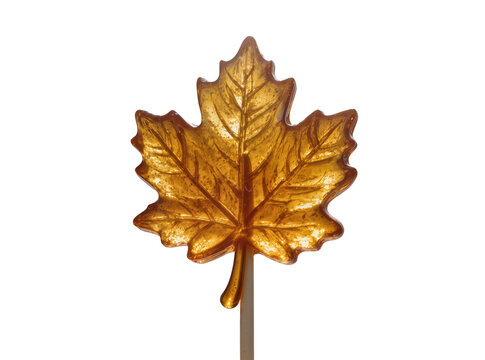 Isolated maple leaf lollipop, golden translucent candy with intricate textured details and veins