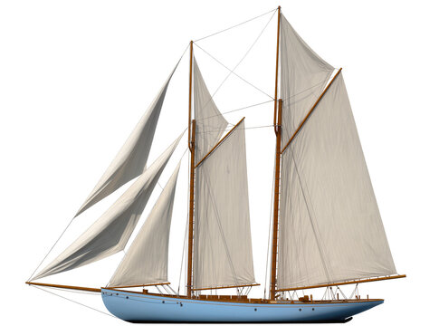 Isolated classic three-masted schooner sailboat with full sails, elegant design, vintage maritime transport vessel