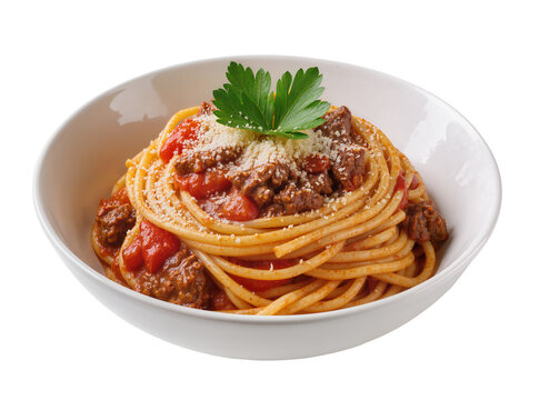 Isolated delicious spaghetti bolognese with rich meat sauce, parmesan cheese, and fresh parsley