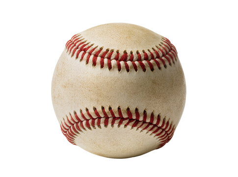 Isolated well-worn baseball with authentic textured surface and vibrant red stitching