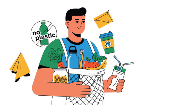 Man holding reusable bag and cup with no plastic symbol nearby
