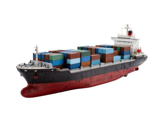 Isolated detailed model of a modern container ship loaded with colorful shipping containers © Oisin