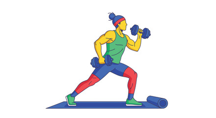 Fototapeta premium Man doing lunges with dumbbells on a yoga mat in a colorful vector illustration design