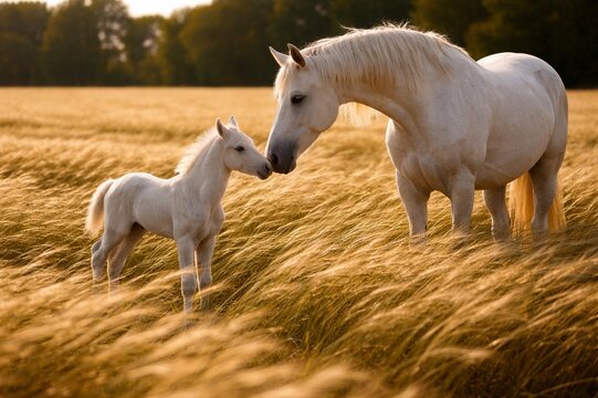 White hourse and her cub are spending time in the wheat field