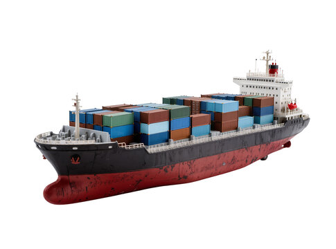 Isolated detailed model of a modern container ship loaded with colorful shipping containers