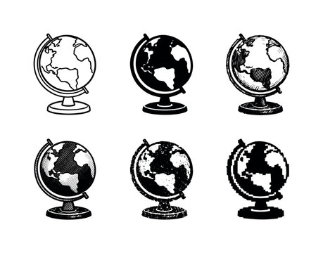 Desktop globe model with tilted axis and base used for learning about countries and continents | Create ONE image containing