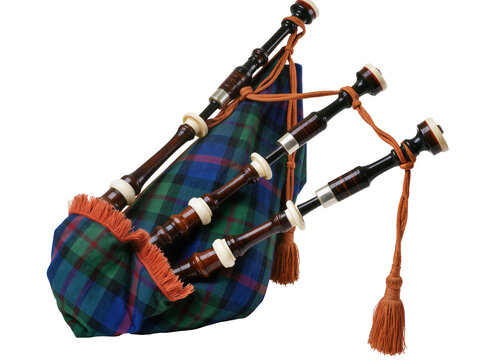 Isolated traditional Scottish bagpipes featuring a distinctive plaid bag and polished wooden components