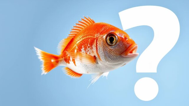 Orange fish with distinctive markings swims gracefully against a soft blue background, question mark graphic suggesting curiosity or inquiry about aquatic life