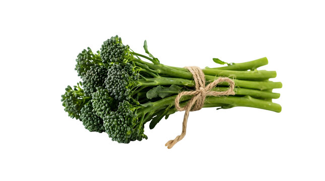 Fresh green broccolini bunch tied with twine on white background healthy food