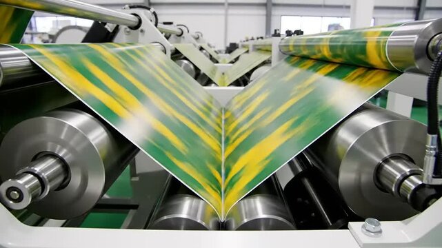 Industrial printing equipment processing colorful material sheet through rotating metal cylinders