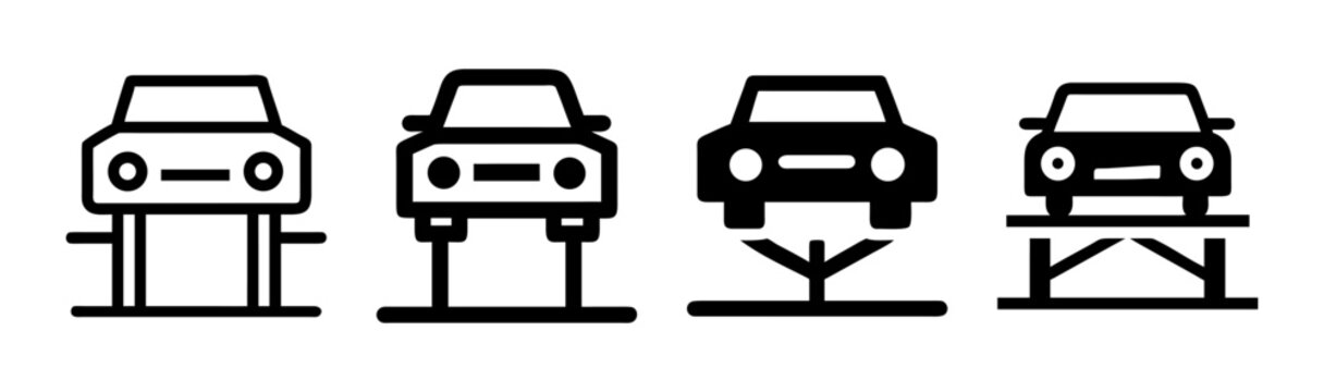 Car lift icons for auto repair service, set of 4 vehicle hydraulic elevator symbols, automotive workshop garage equipment vector illustrations