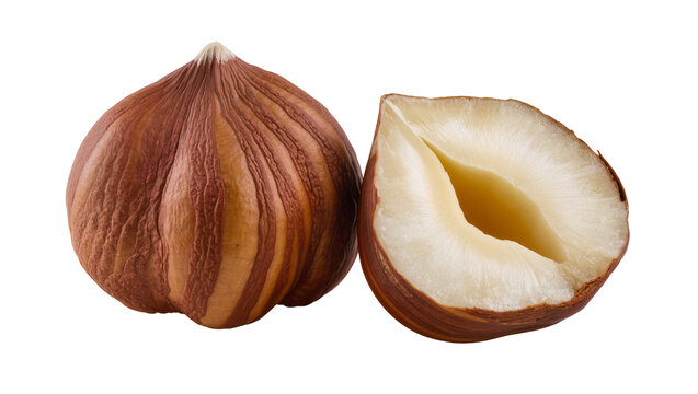 Whole and halved hazelnut with brown textured shell, isolated on transparent background