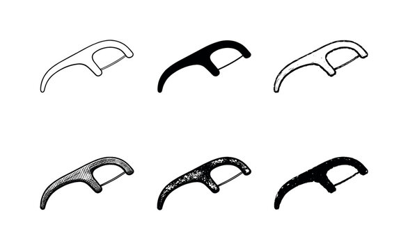 Dental floss pick with curved handle and short floss strand, designed to remove plaque between teeth | Create ONE image