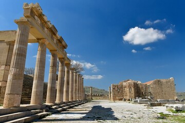 Lindos Acropolis, Rhodes Island, Greece. The beauty complex of Greco-Roman buildings from the 4th century BC. © alagz