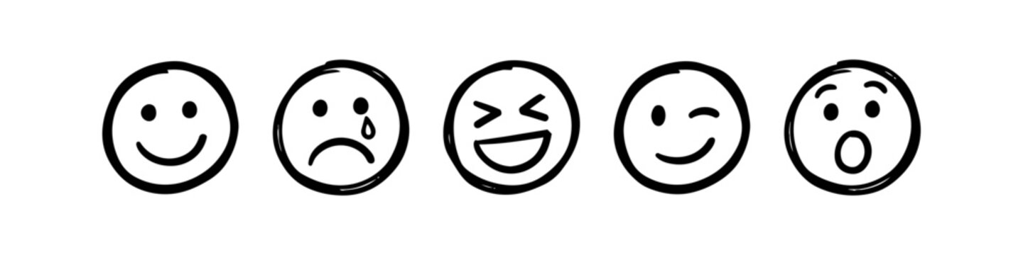 Set of hand-drawn emoticon icons showing various emotions including happy, sad, laughing, winking, and surprised. Simple black line art sketches on a white background.