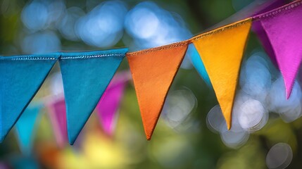 Obraz premium String of colorful triangular bunting flags used for festive decorations. Multicolored triangular pennants strung together on a rope Party garland or bunting flags. 