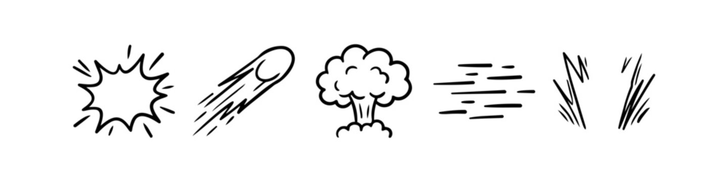 Set of hand-drawn comic book speed and explosion effects in black ink doodle style, including mushroom cloud, meteor, motion lines, and impact bursts on a white background.