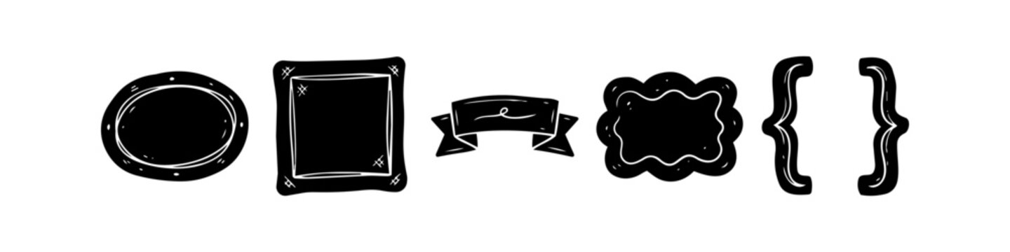 Hand-drawn black silhouette decorative elements including an oval frame, square frame, ribbon banner, scalloped border, and curly brackets for creative design and journaling projects.
