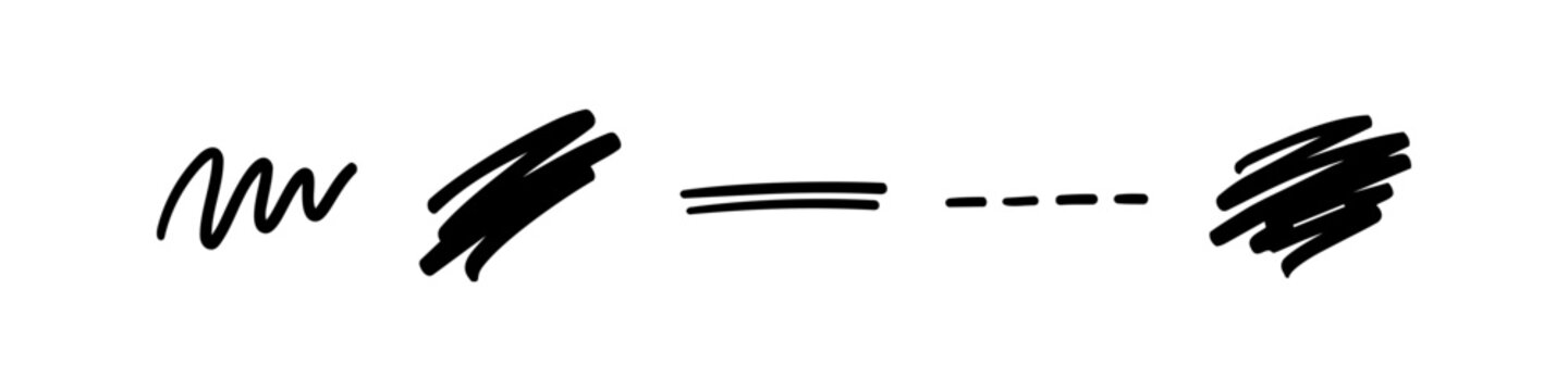 Hand-drawn black ink scribbles, wavy lines, and dashed strokes isolated on white. Minimalist vector set of artistic brush doodles and sketch elements for graphic design projects.