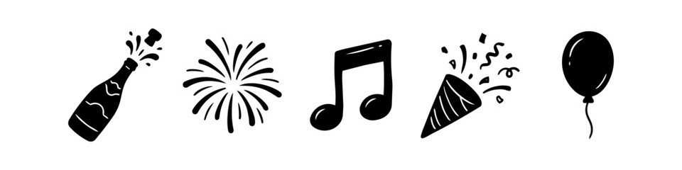 Set of hand-drawn party icons featuring a popping champagne bottle, fireworks, musical note, party popper, and balloon. Minimalist black doodles for celebrations, events, and festive designs. © Nort Kor