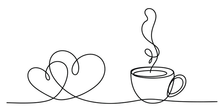 Minimalist continuous line drawing of two connected hearts beside a steaming hot cup of coffee