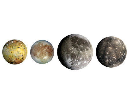 Galilean moons io, europa, ganymede, callisto on transparent background