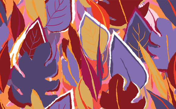 Floral seamless with hand drawn color exotic monstera leaves. Cute summer background. Tropic branches. Modern floral compositions. Fashion vector illustration for wallpaper, fabric, textile.