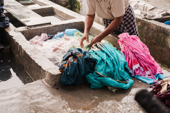 Traditional laundry practice at Indian dhobi ghat