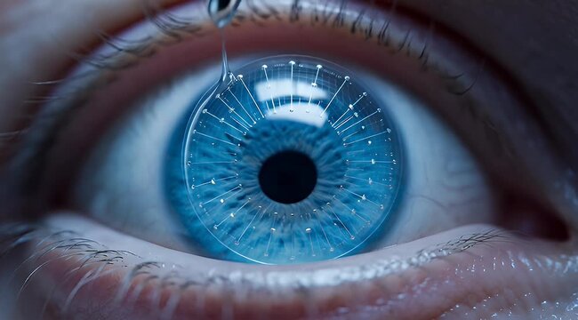 Close up of a beautiful blue human eye with water drop on it