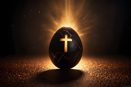 Futuristic Easter egg with glowing golden cross and light rays bursting through cracks, dark moody atmosphere, cybernetic bionic style, high-tech religious concept, 3D illustration.