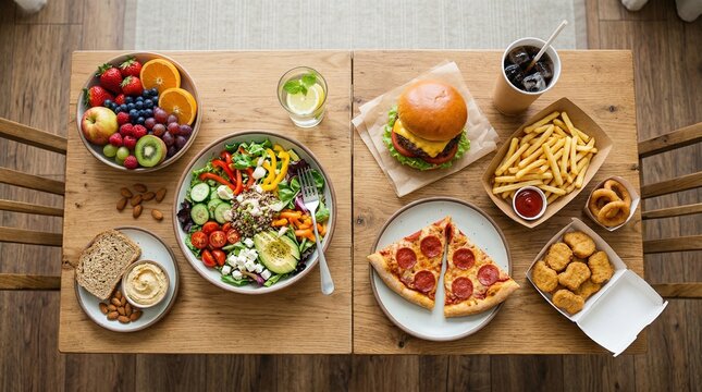 Healthy vs unhealthy lifestyle decision concept showing nutrition choices and wellness balance