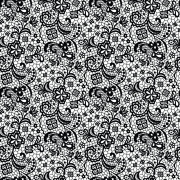 Seamless Black Vintage Lace Pattern with Floral Motifs