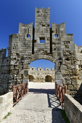 Pili Agiou Paviou Gate, Rhodes Island, Greece. The old town city walls which circle it, this gate is very different from the others not as robust but attractive and extension to the marina. © alagz
